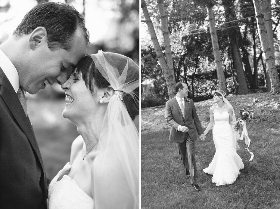 Bride and groom share a quiet moment together after their backyard wedding ceremony by Detroit Michigan wedding photographer, Heather Jowett.