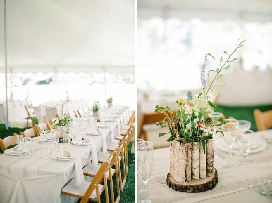 DIY flowers and detailed at a backyard wedding reception by Ann Arbor Michigan wedding photographer, Heather Jowett.