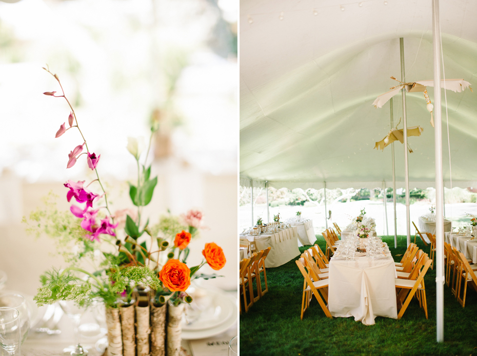 Wildflower colorful flower arrangements at a backyard wedding reception by Ann Arbor Michigan wedding photographer, Heather Jowett.