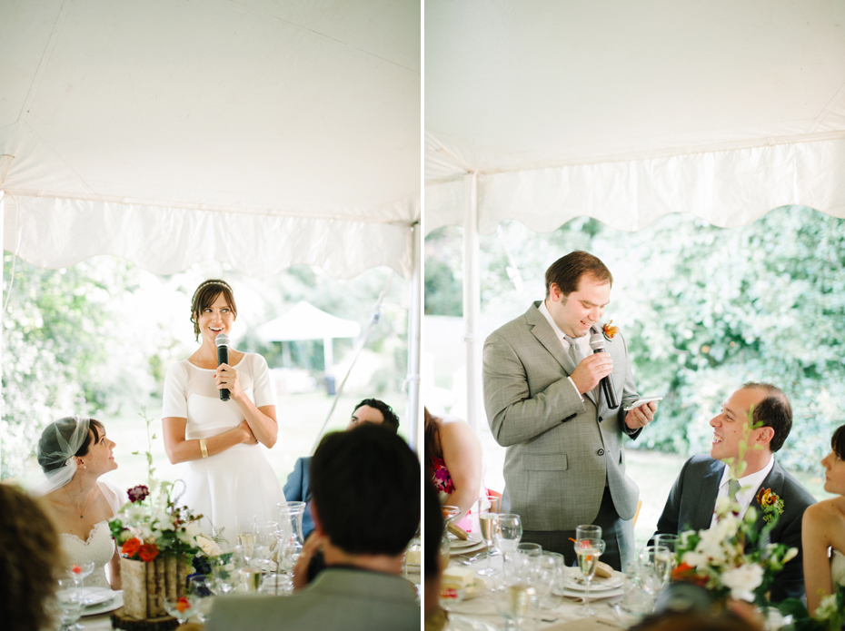 Maid of honor and best man toasts at a backyard wedding reception by Ann Arbor Michigan wedding photographer, Heather Jowett.