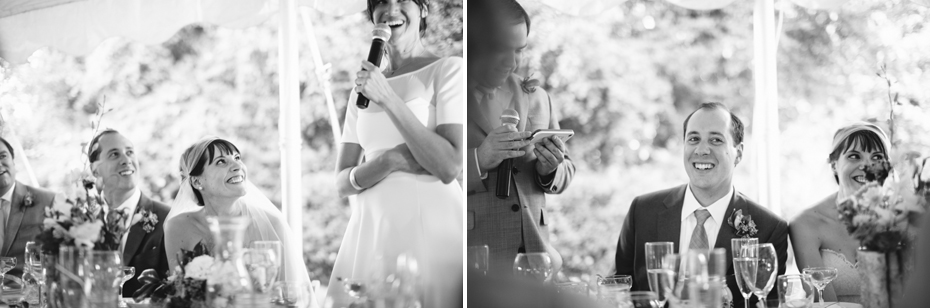 bride and groom react to Maid of honor and best man toasts at a backyard wedding reception by Ann Arbor Michigan wedding photographer, Heather Jowett.