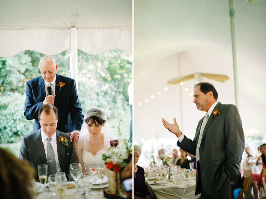 The fathers of the bride and groom speak at a backyard wedding reception by Ann Arbor Michigan wedding photographer, Heather Jowett.