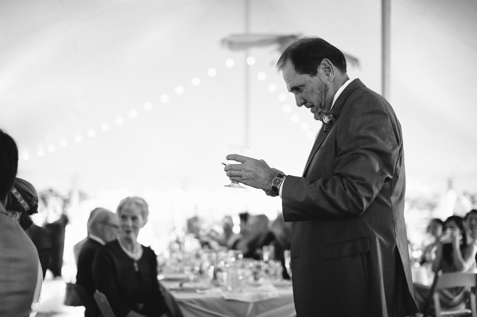 father of the bride's toast at a backyard wedding reception by Ann Arbor Michigan wedding photographer, Heather Jowett.