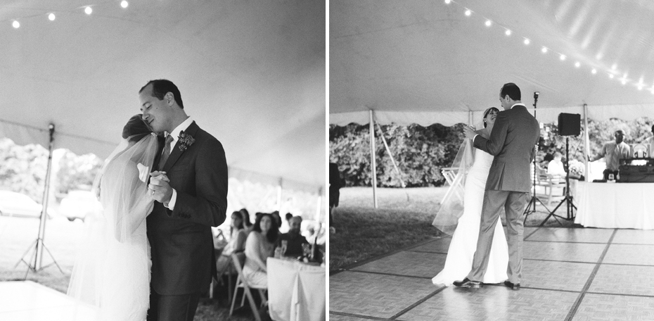bride and groom share their first dance at their backyard wedding reception by Ann Arbor Michigan wedding photographer, Heather Jowett.