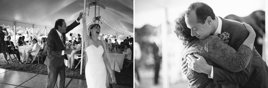 bride and groom dance with their parents at their backyard wedding reception by Ann Arbor Michigan wedding photographer, Heather Jowett.