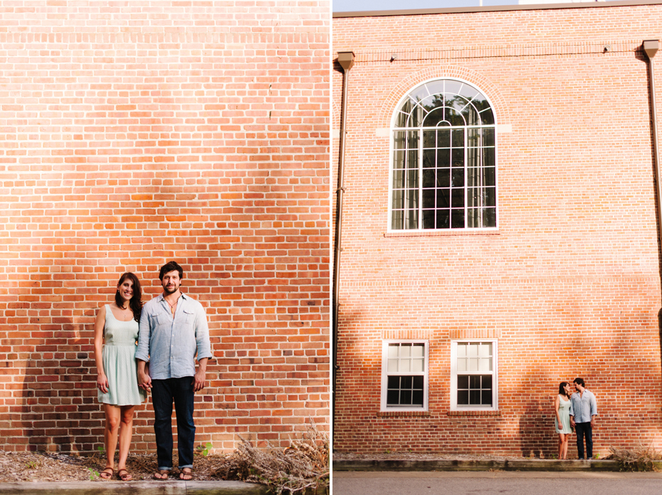 A couple poses outside of Hilton Elementary School during a Newport News Virginia engagement session by Ann Arbor Wedding Photographer Heather Jowett.