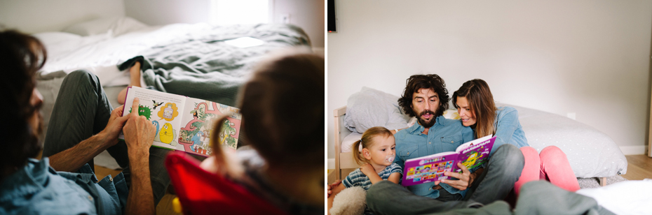 A family reads a story during a lifestyle family portrait session in Ferndale photographed by Ann Arbor Wedding Photographer, Heather Jowett.