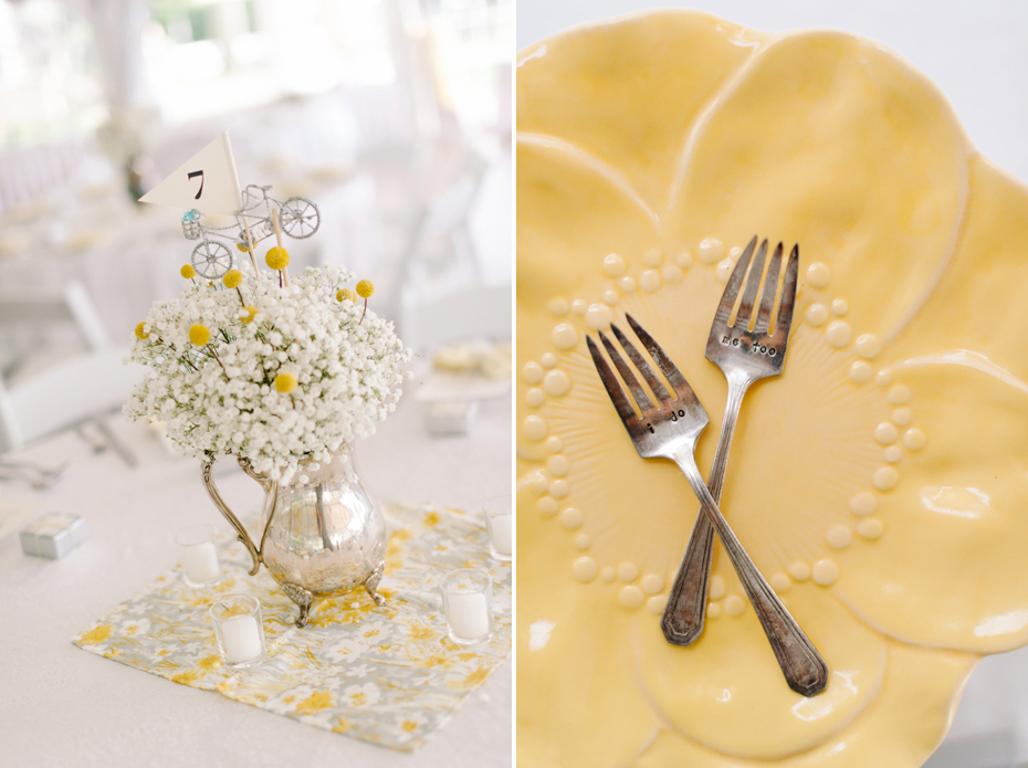 Details of a yellow and grey wedding reception, including vintage desert plates, in a tent at The Inn at Stonecliffe on Mackinac Island by Michigan Wedding Photographer Heather Jowett.