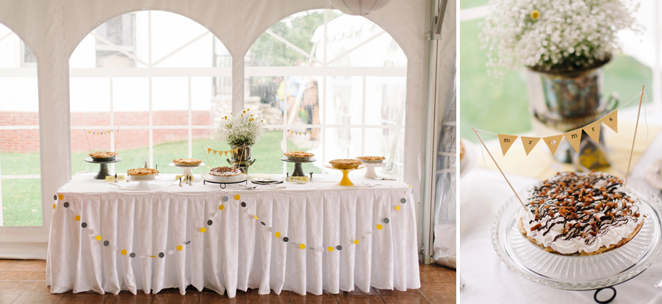 Details of a yellow and grey wedding reception, including pies from Traverse City Pie Company, in a tent at The Inn at Stonecliffe on Mackinac Island by Michigan Wedding Photographer Heather Jowett.