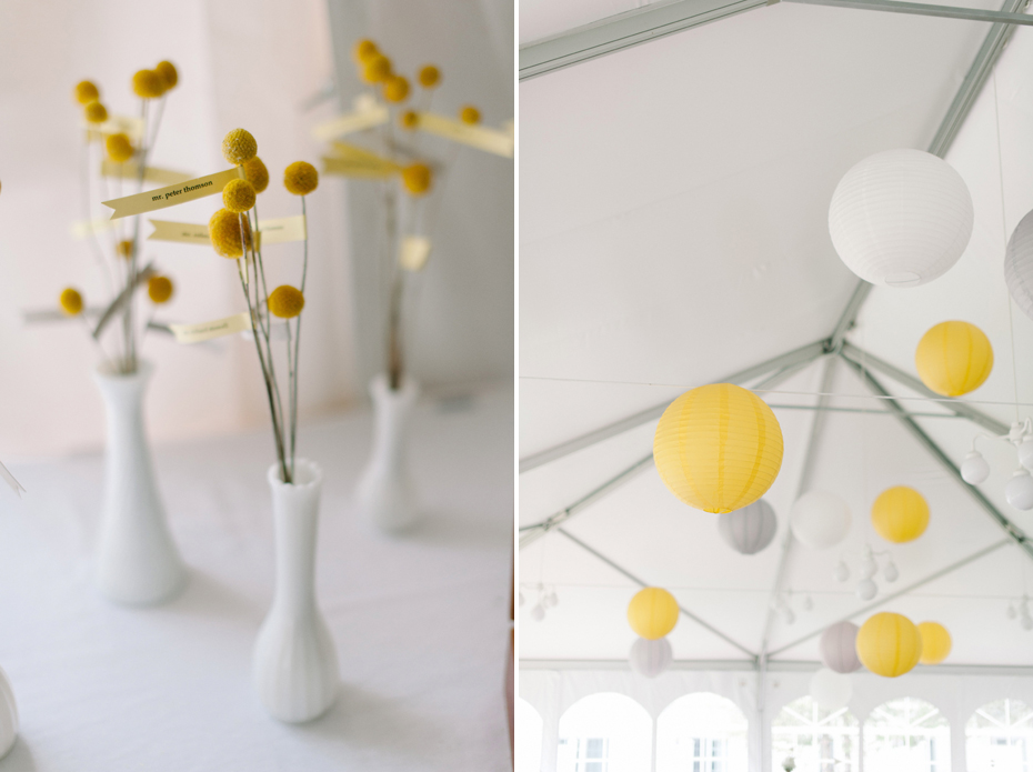Details of a yellow and grey wedding reception, including vintage desert plates, in a tent at The Inn at Stonecliffe on Mackinac Island by Michigan Wedding Photographer Heather Jowett.