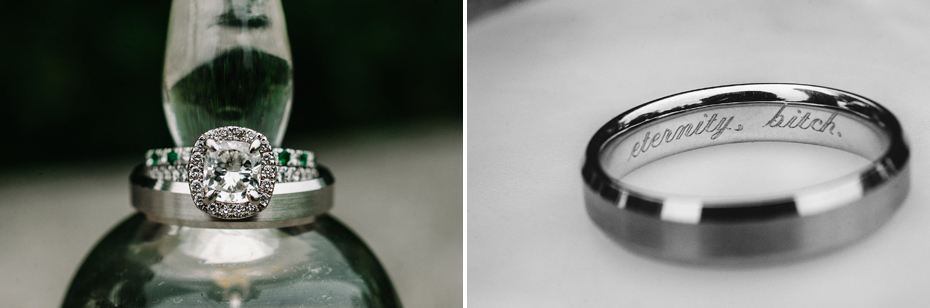 Photos of wedding rings with sapphires and an inscription that rings Eternity, Bitch.