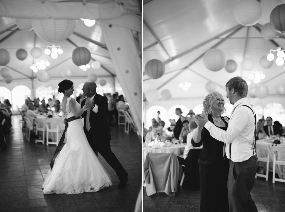 Bride and groom share dances with their parents during an outdoor wedding reception at The Inn at Stonecliffe on Mackinac Island by Ann Arbor Wedding Photographer Heather Jowett.