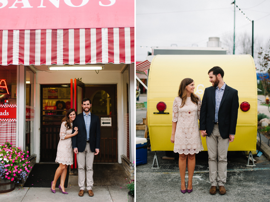 A couple poses for portraits in Downtown Traverse City before their rehearsal dinner at The Cooks House by Michigan Wedding Photographer Heather Jowett.