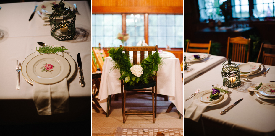 Vintage table decorations at a Northern Michigan elopement by Ann Arbor wedding photographer Heather Jowett.