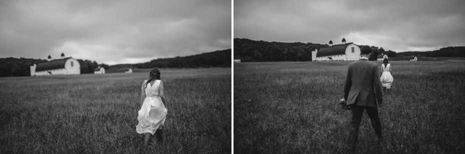 Bride and groom pose for portraits in a Northern Michigan field near Sleeping Bear Dunes after their elopement by Ann Arbor Michigan Wedding Photographer Heather Jowett.