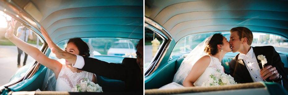 Bride and groom in a classic getaway car in Grand Rapids Michigan