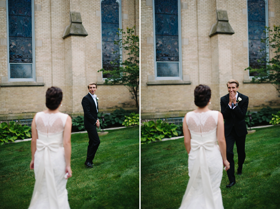 First look wedding photography at The Cathedral of Saint Andrew in Grand Rapids Michigan