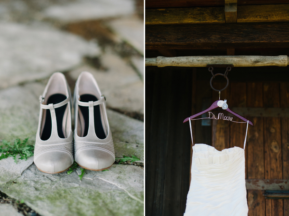 The bride's shoes and dress with custom hanger.