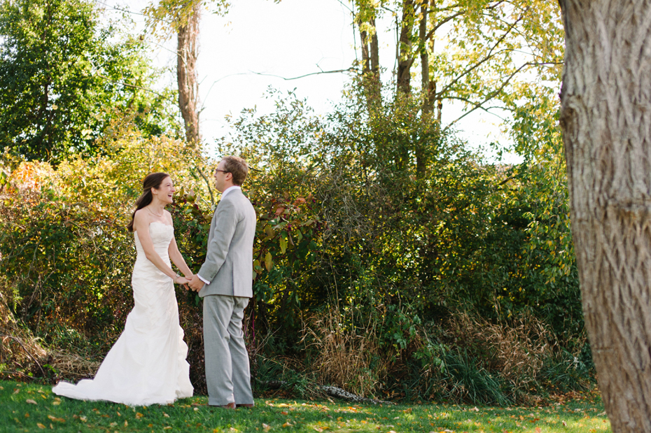 Bride and groom sharking a first look at Misty Farms in Ann Arbor Michigan.