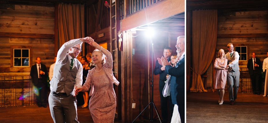 Parent dances in the barn at a wedding reception at Misty Farms by photojournalistic Michigan wedding photographer Heather Jowett.