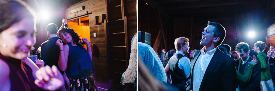 Wedding guests dancing the night away in the barn at Misty Farms.