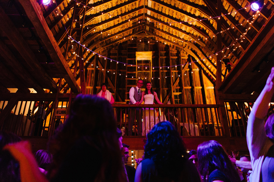 Wedding guests dancing the night away in the barn at Misty Farms.