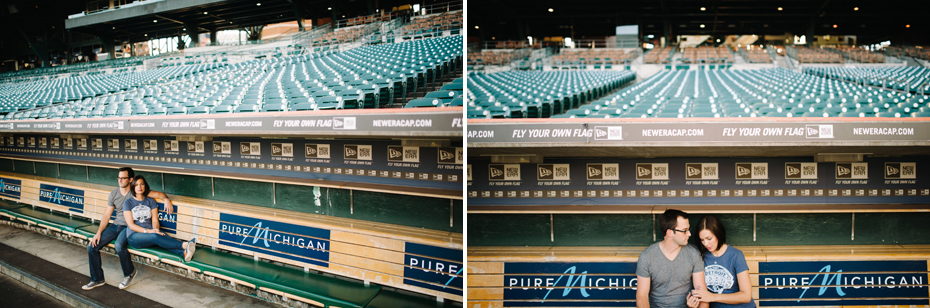 Tigers Baseball fan couple poses for an engagement photo in the dugout at Comerica Park.