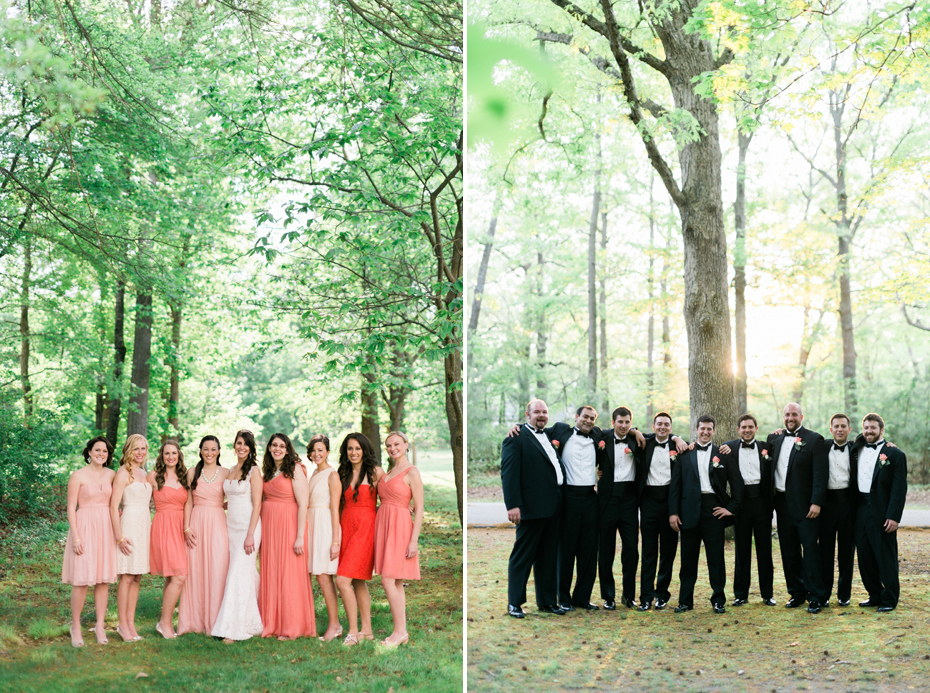 Bridesmaids in coral and Groomsmen in tuxes pose for portraits at the Noland Trail by Virginia Wedding Photographer, Heather Jowett.