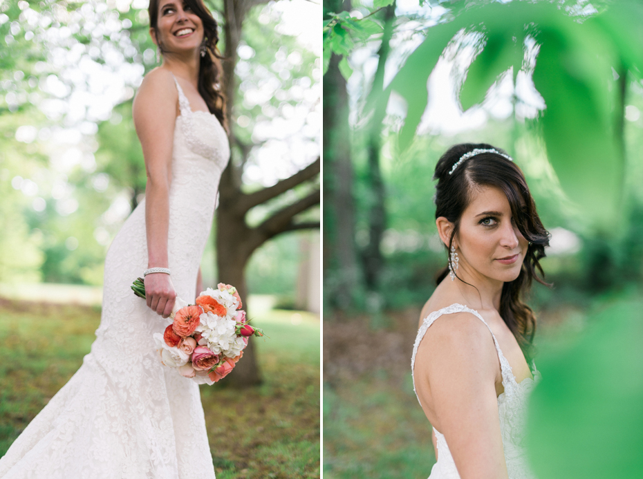 A bride poses for portraits with her bouquet of peonies, hydrangeas, and carnations at the Noland Trail by Virginia Wedding Photographer, Heather Jowett.