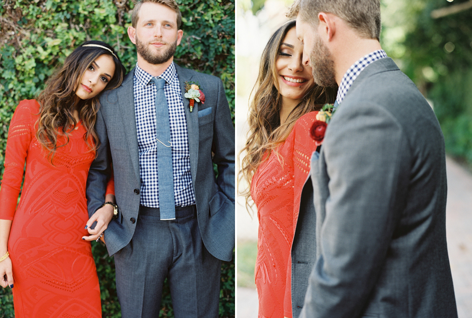 A groom in a grey suit and bride in a red Roberto Cavalli dress at the Sundy house in southern florida by wedding photographer Heather Jowett.