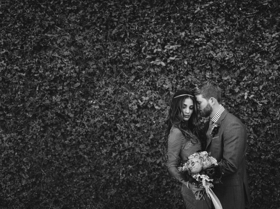 Black and white wedding portrait at the Sundy house in southern florida by wedding photographer Heather Jowett.