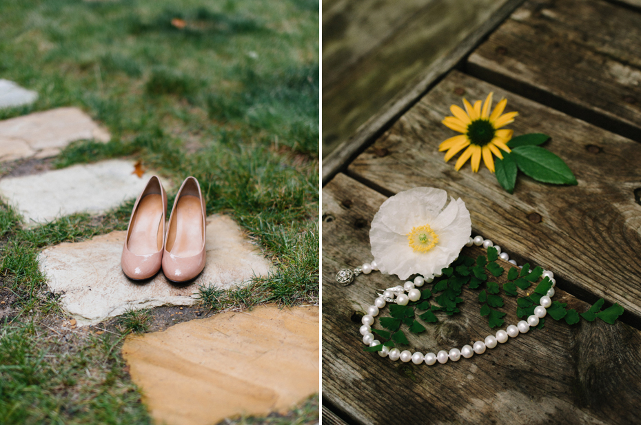 bridal shoes and jewelry at a rustic wedding in Northern Michigan by wedding photographer Heather Jowett.