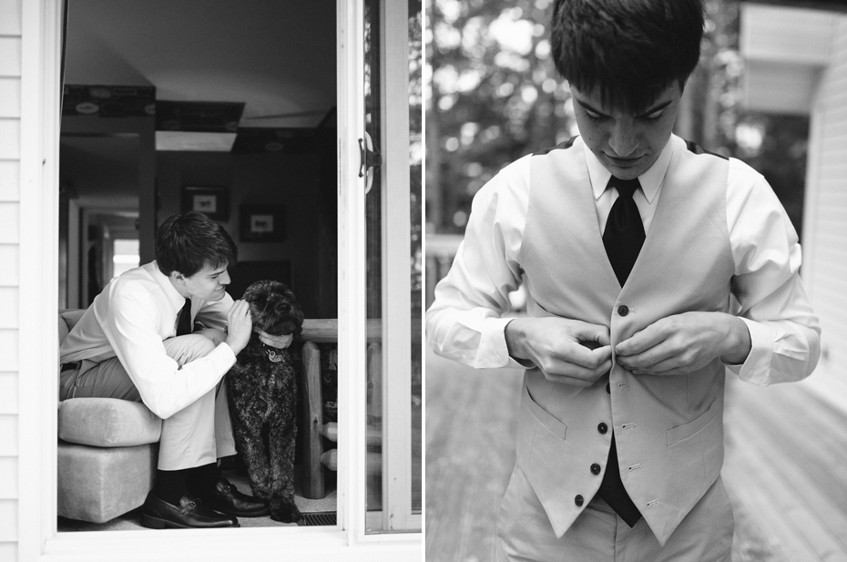 Groom gets dressed into khaki J Crew suit with his dog by his side.