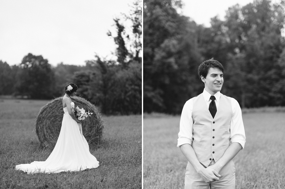 Bride and groom pose for portraits in a hayfield in Northern Michigan by Ann Arbor Wedding Photographer Heather Jowett.