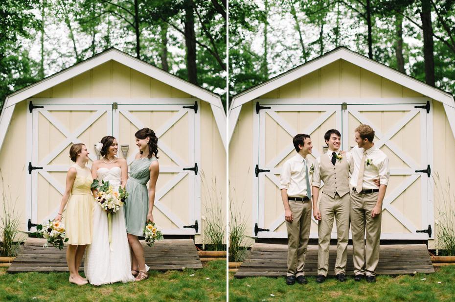 Wedding party in light blue, yellow, and khaki.