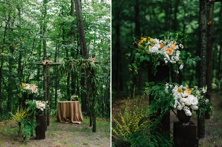 Yellow white khaki rustic wedding altar arbor by Katie Wachowiak and photographed by Heather Jowett.