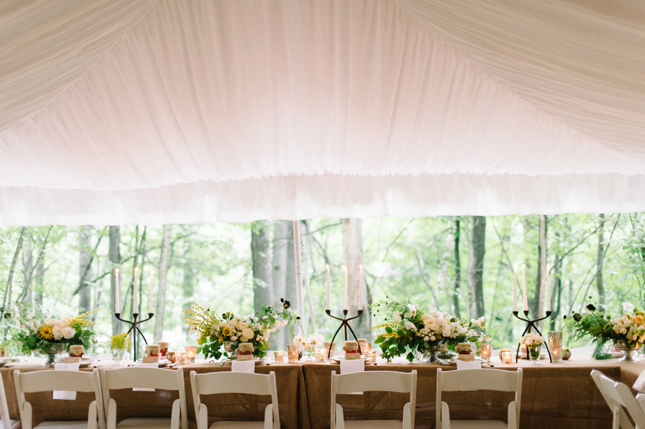 Yellow white khaki rustic wedding flowers and decor by Katie Wachowiak and captured by Wedding Photographer Heather Jowett at a Northern Michigan wedding.