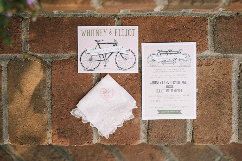Bicycle themed wedding invitation, for a wedding at Tapawingo in Northern Michigan, by Ann Arbor Wedding Photographer Heather Jowett.