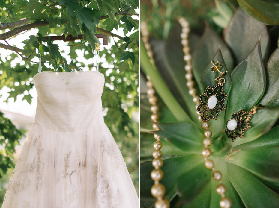 Blush pink wedding dress with vintage jewelry.
