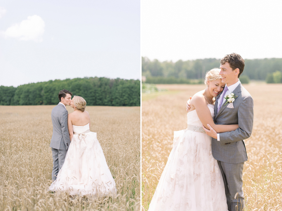 Bride and groom portrait in a wheat field.