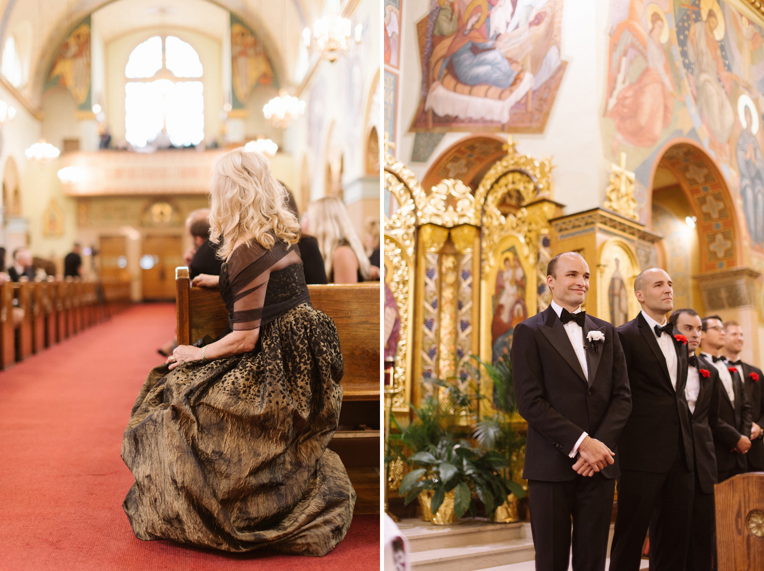 Mother of the bride and the groom watch for the bride coming down the aisle during a Ukrainian Orthodox Wedding Ceremony in Hamtramck Michigan by photographer Heather Jowett.