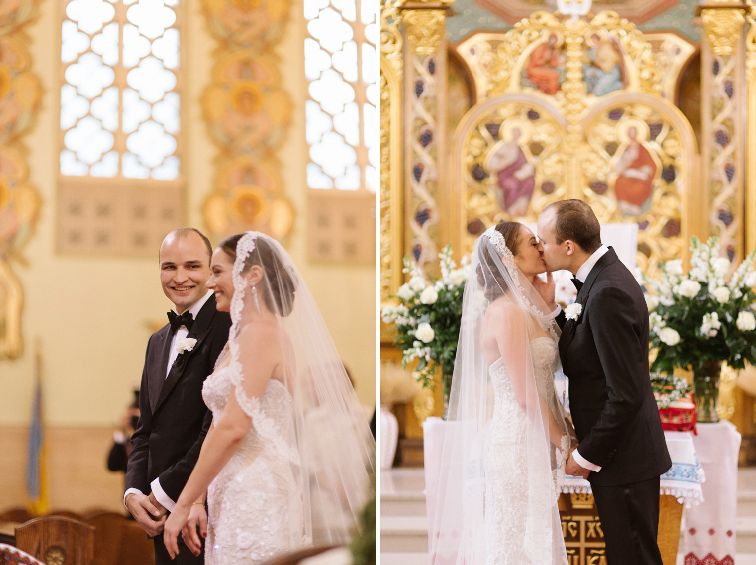 Bride and groom share their first kiss during wedding ceremony at Immaculate Conception Ukrainian Rite Catholic Church in Hamtramck Michigan.