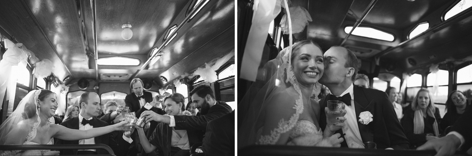 The bride and groom take their wedding party on a trolley ride through Detroit on the wedding day.