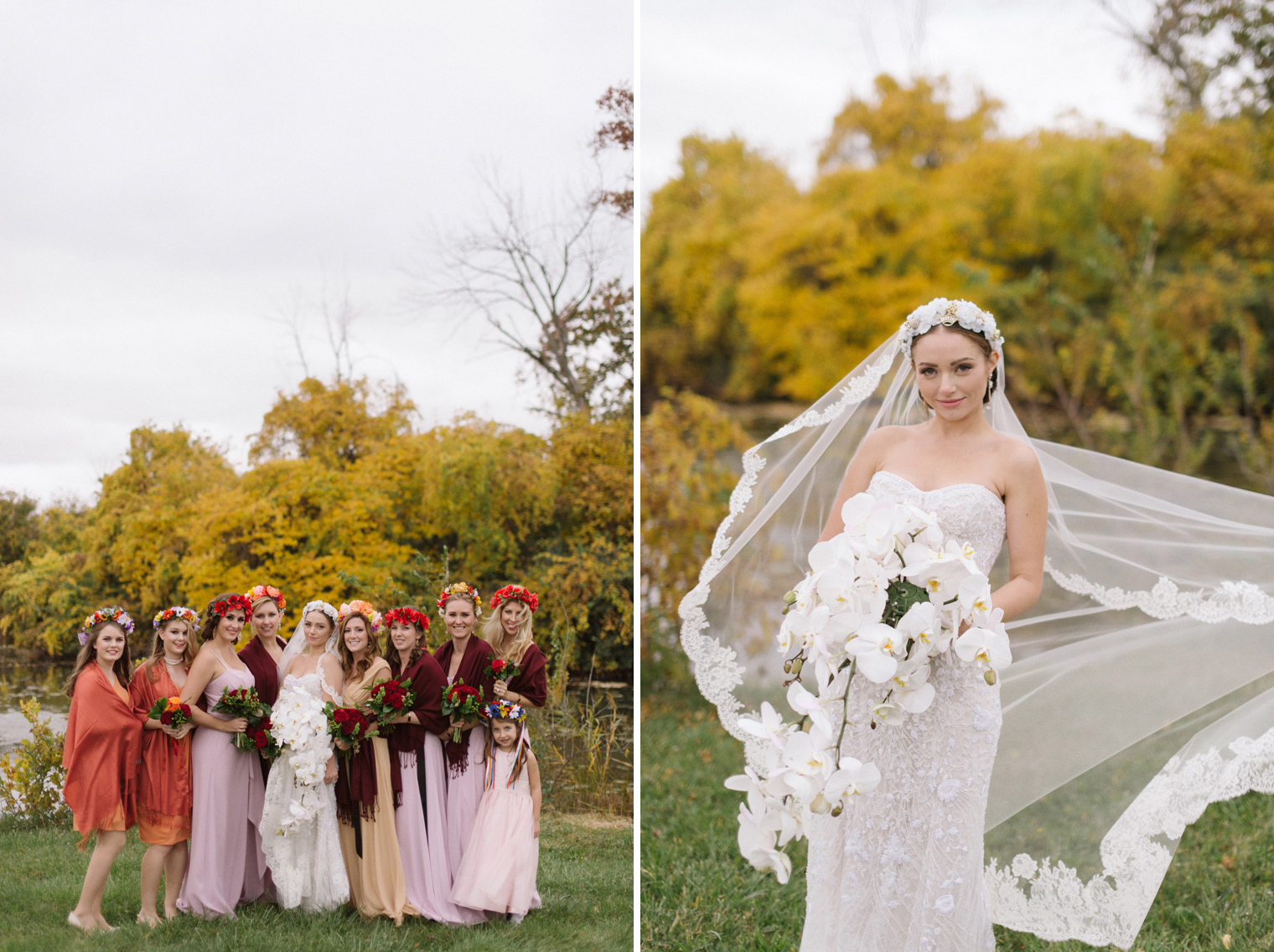 Bride and bridesmaids wear traditional Ukrainian wedding flower crowns.