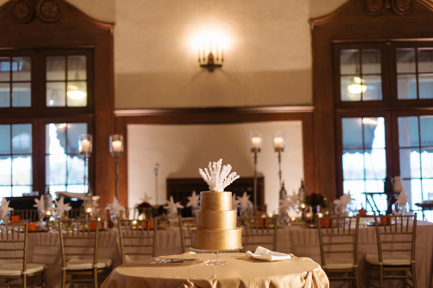 Glamorous gold wedding cake at a timeless Detroit Yacht Club black tie wedding.