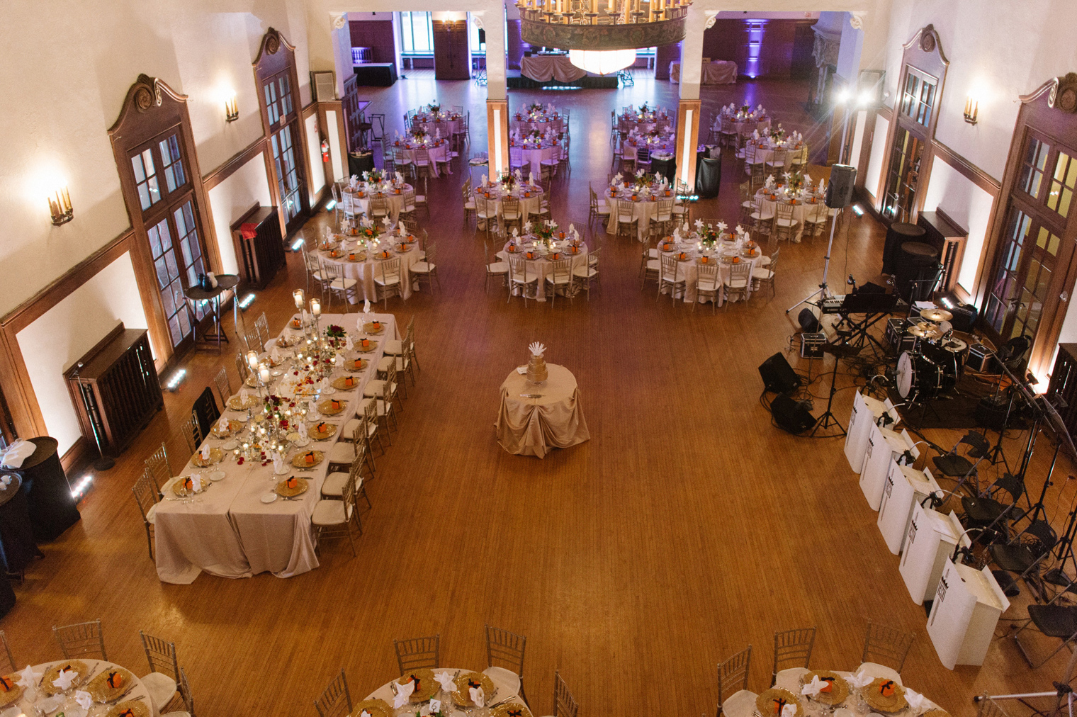 The ballroom at the Detroit Yacht Club ready for a black tie wedding.