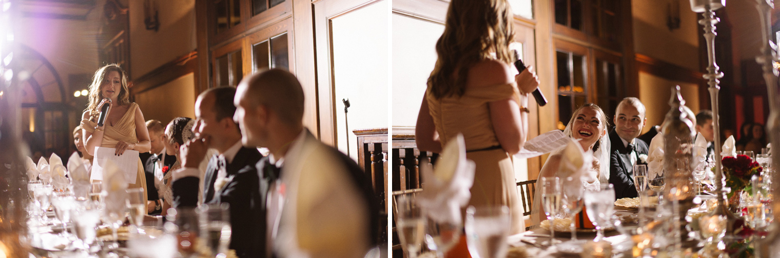 Maid of honor shares a heartfelt toast during a Detroit Yacht Club wedding reception by Photographer Heather Jowett.