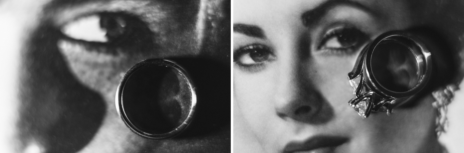 Old school hollywood portraits are use to photograph wedding rings.