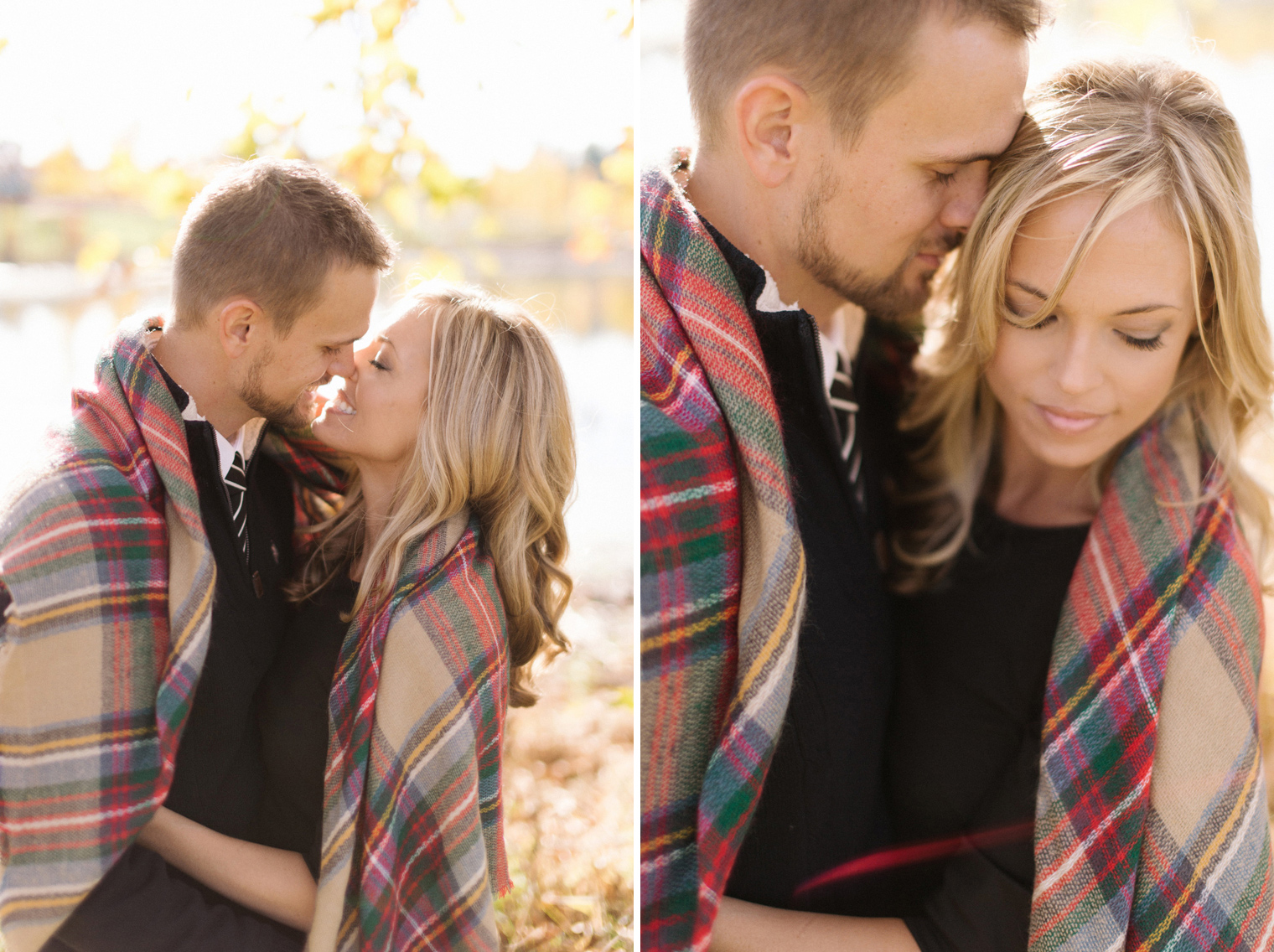 Couple wraps up in a plaid scarf at a fall couples photography session at the Ann Arbor Botanical Gardens.