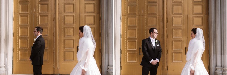 A bride and groom share a first look in front of gold doors in Detroit by wedding photographer Heather Jowett